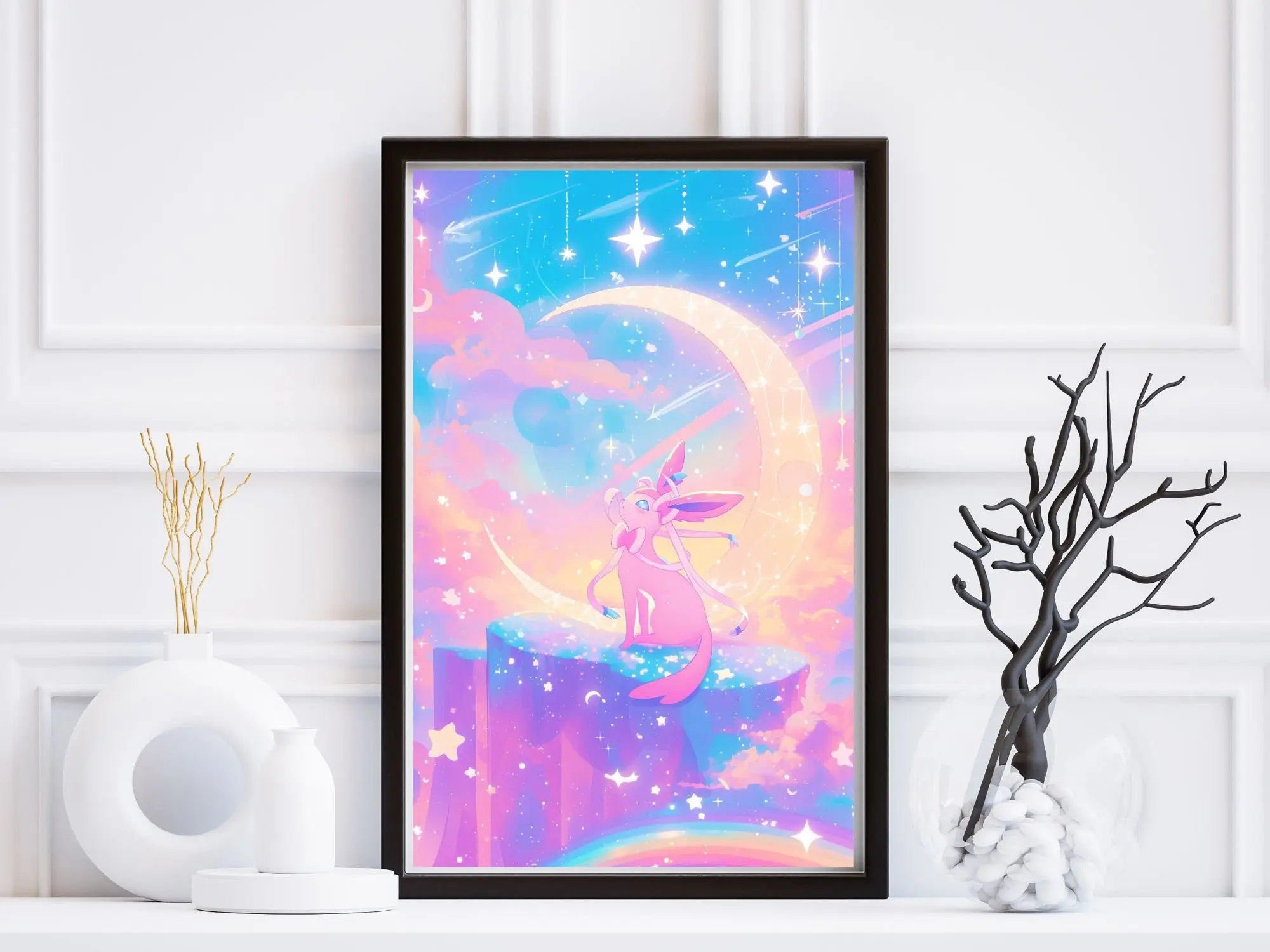 Sylveon Unframed Art Print, Handmade Kawaii Poster, Fairycore Wall Decor Modern Home Decoration Space Theme Design