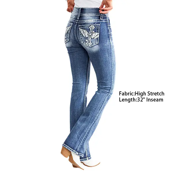 Flamingals Washed Embroidery Button Up Mid Rise Flare Jeans