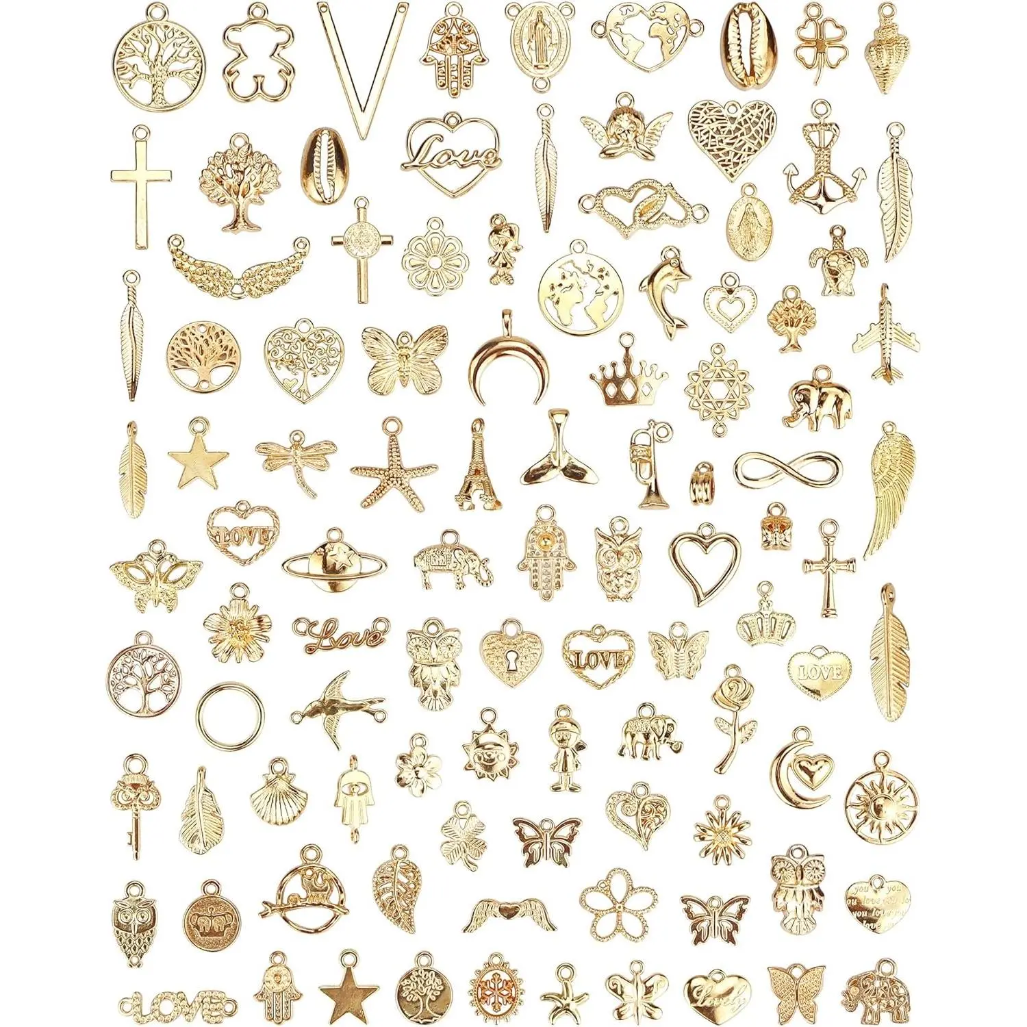 100 count Wholesale Bulk Lots  Making Charms, Mixed Golden KC  Alloy Charms Pendants for Necklace Bracelet  Making and Crafting supplies