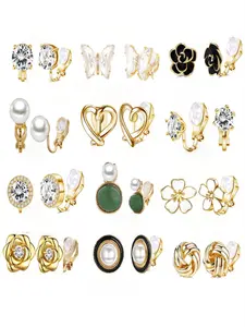 Mixed Style Clip Earrings Set (12 Pairs), Summer Multifunctional Daily Accessories, Women's Clip Earrings Set, Elegant Alloy Material