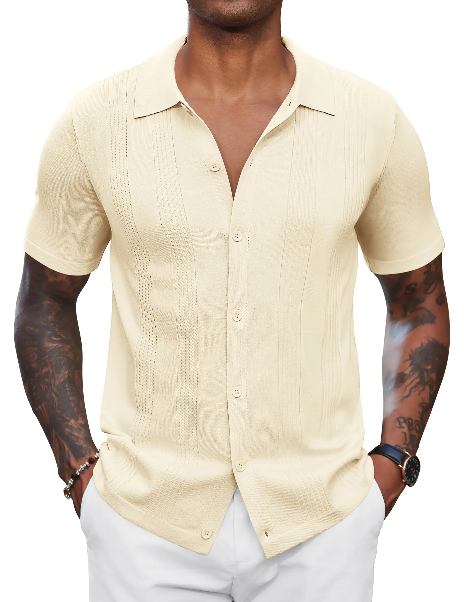 COOFANDY Men's Knit Shirt Short Sleeve Button Down Vintage Polo Shirts Casual Summer Beach Shirts