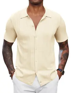 COOFANDY Men's Knit Shirt Short Sleeve Button Down Vintage Polo Shirts Casual Summer Beach Shirts