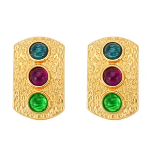 Vintage Hammered Metal Earrings with Trio-Color Gemstones MJT000294