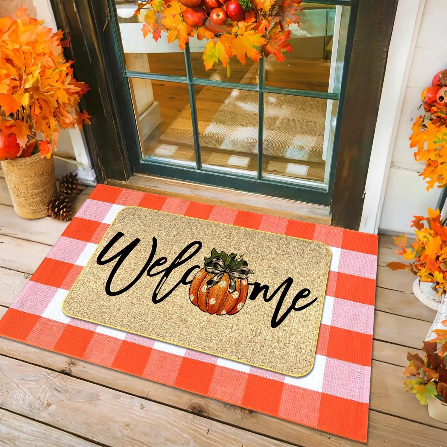 2 count Fall Door Mat Combo Set Pumpkin Welcome Doormat + 28" x 43" Orange and White Buffalo Plaid Rug for Autumn Thanksgiving Halloween Porch Entryway Indoor Outdoor Decor