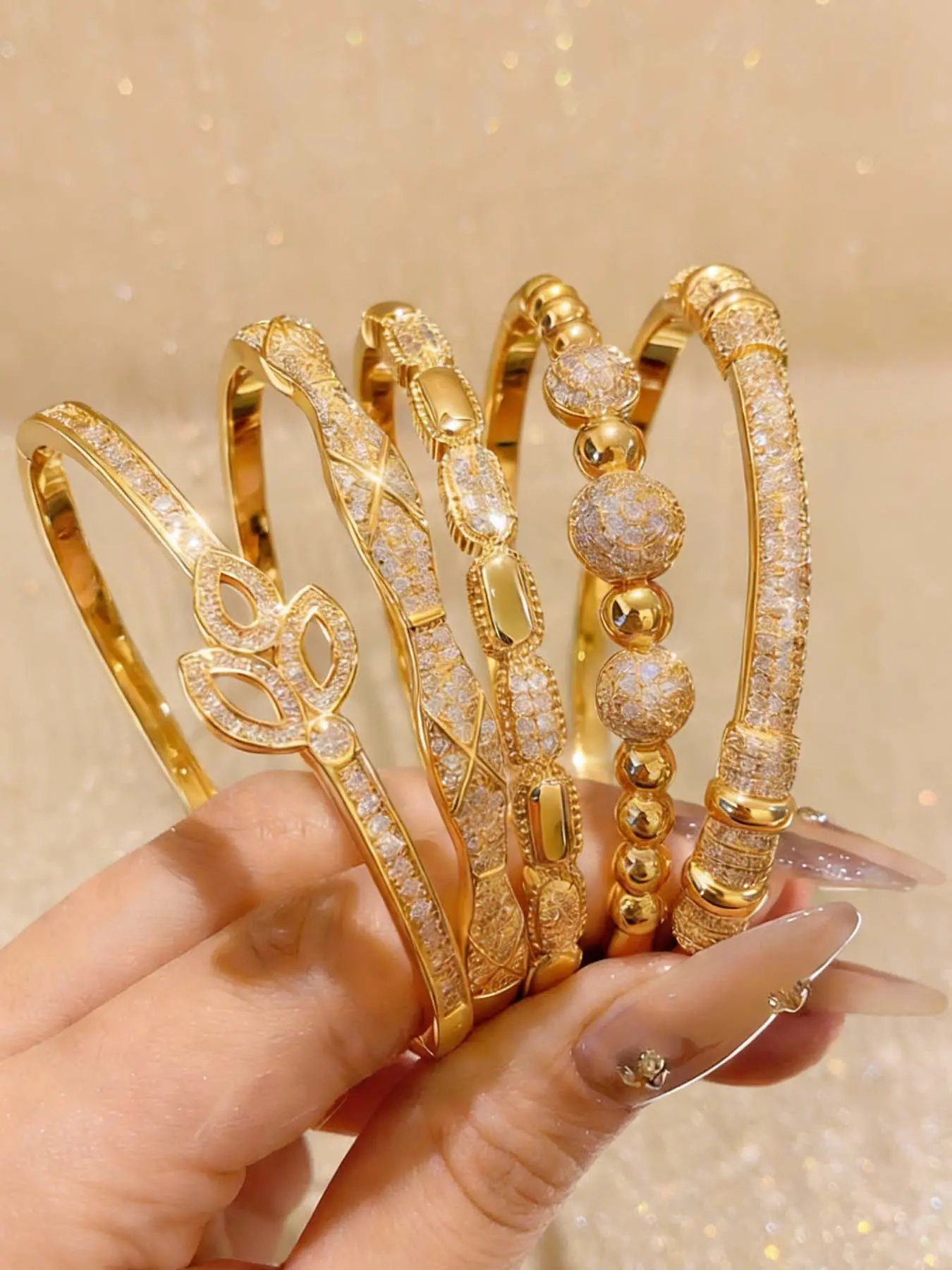 5-piece elegant and luxurious classic bracelet set, made of copper, perfect for layering, trendy Bracelets Stack bangle. Ideal for daily wear, Valentine's Day, Mother's Day, Carnival, and graduation season gifts