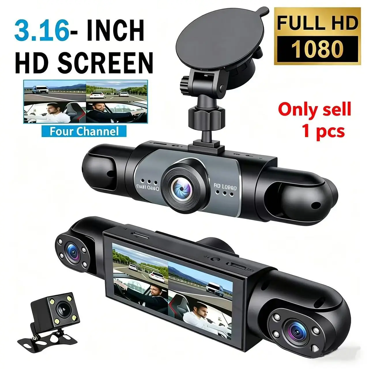 4-Channel Car Dash Cam, automotive dashcam, car dashboard camera, Dashcams for Cars, 64GB SD Card, Full HD 1080P Video Recording, Night Vision, Parking Mode, 3.16-Inch Display, Front Back Left Right Mirror