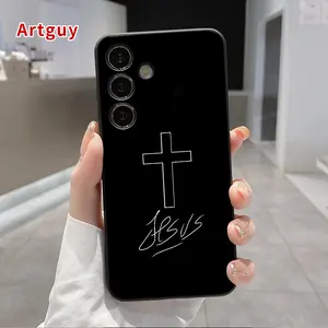 Straight Edge Phone Case Compatible with Samsung S24 ultra plus S25 S23 S22 Ultra Plus Jesus Cross Pattern Rugged Durable Shockproof Anti-Scratch Soft Silicone Case