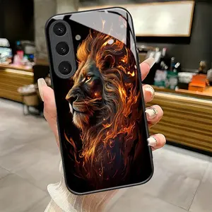 Black Frame Glass Phone Case suitable for Samsung Galaxy S24 S24FE S24Plus S24ULTRA 5G New style phone case Fiery Lion Majesty pattern Smartphone Case, Cool Phone Case, Stylish Case,ideal holiday gift