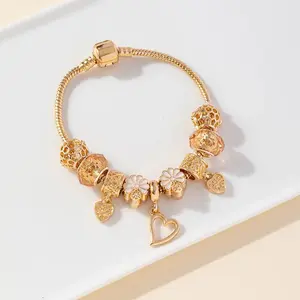 Fashion Beaded Copper Bracelet with Love Pendant Crystal Beads & Drip Oil Flower Petal Design Elegant Versatile Accessory