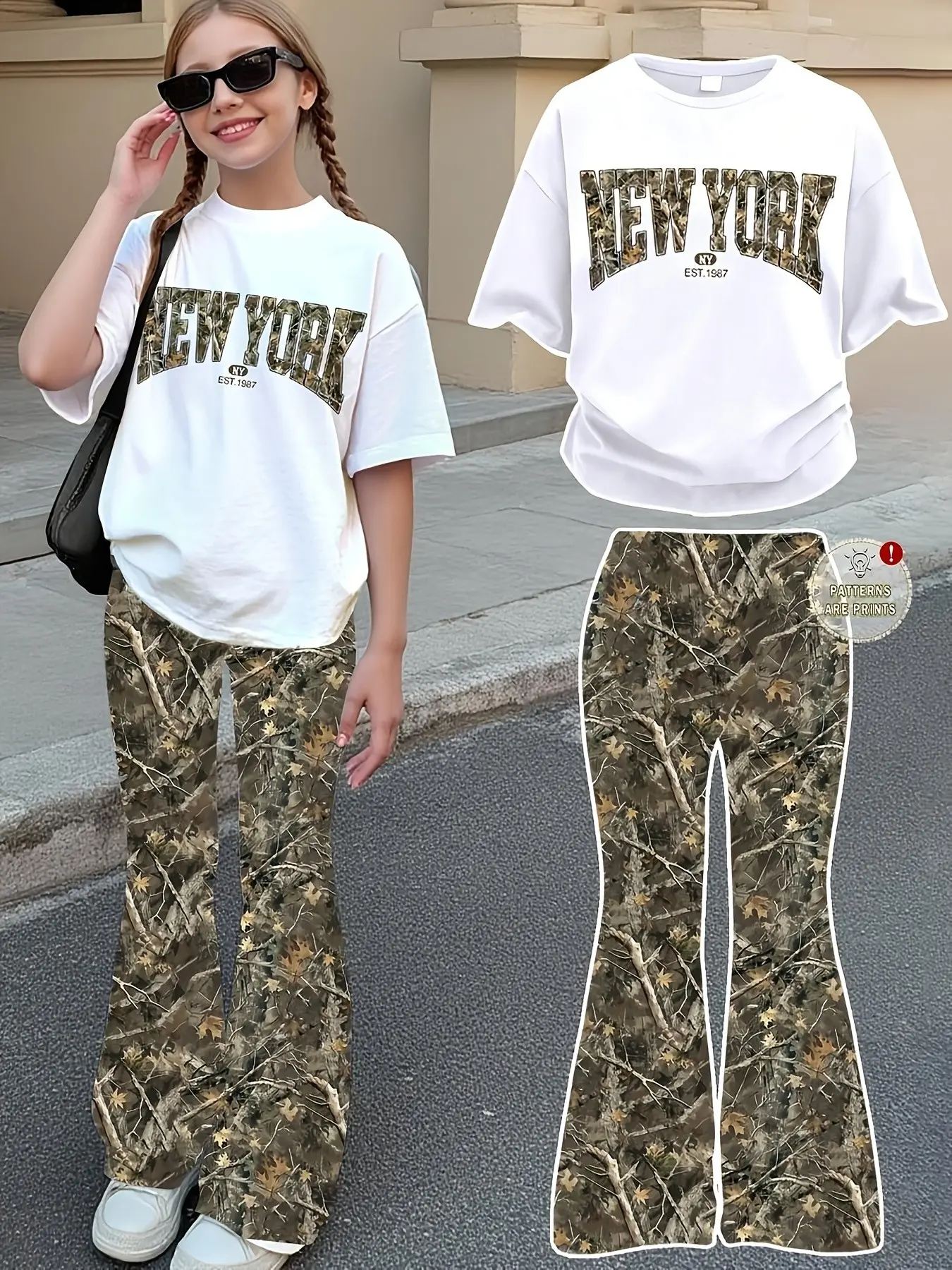 Two-Piece Set: Short Sleeve Round Neck Top + Bell Pants, New York Print, Cute Vintage Punk Chic Casual Style, Perfect for Spring Outdoor Activities, Clothes
