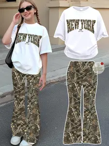 Two-Piece Set: Short Sleeve Round Neck Top + Bell Pants, New York Print, Cute Vintage Punk Style, Perfect for Spring Outdoor Activities