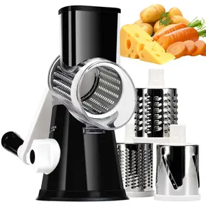 Cheese Grater Hand Crank, Manual Cheese Shredder, Rotary Vegetable Shredder with Handle and Strong Suction base, 3 in 1 Kitchen Speed Spin Veggie Slicer Nut Grinder for Pizza Top, Hash brown, Salad and More, Kitchen Gadgets (Black)