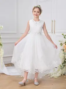 7-12Y White 5591 Kids Clothes Flower Girls Princess Long Ball Gown Frock Embroidered Lace Trailing Skirt Mesh Children Formal Evening Party Banquet Pageant Prom Host Cocktail Dress