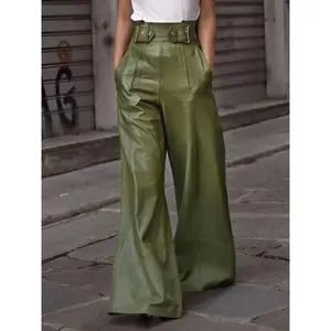 Women's Solid Color Pocket High Waist Wide Leg Pu Leather Pants, Fashion Casual Trousers for Daily Wear, Ladies Bottoms Womenswear for All Seasons