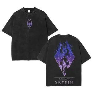 Retro Skyrim Logo Vintage Wash T-Shirt, Unisex Oversized Acid Wash Lightweight Cotton Graphic Tees T-Shirt for Game Fans, Men Gifts