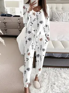 Women's Floral Print Casual Set, Long Sleeve V Neck Top & Tie Waist Pants, Ladies Homewear, Loungewear & Pajamas, Spring & Fall Fashion