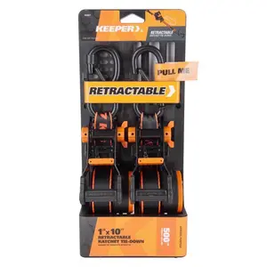 Keeper 2-Pack Retractable Ratchet Tie Down Straps, 1" x 10' Auto-Retract for Motorcycles, ATVs, UTVs, Moving & Trailer Loads – Safety Brake, Split Drum, 500 lbs WLL, S-Hooks with Clips
