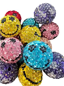 R99 (5PCS)- 21mm Rainbow Mixed Color SMILEY FACE Round Clay Pave Rhinestone Beads