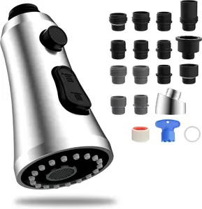 Pull Down Kitchen Faucet  Replacement, 3-Function Kitchen Sink Spray Nozzle with 15 Adapters, Compatible with Moen,  Standard, Delta, Kohler Faucets, Chrome (Shiny )