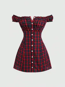 Sweetra Sweet & Spicy Plaid Off-Shoulder Button Up Waist Cinched Waist Dress