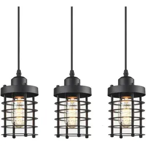 3-Pack Pendant Light Fixture, Industrial Rustic Metal Cage Hanging Light, Kitchen Island Lighting Shade, Farmhouse Dining Room Ceiling Lamp, Black Ceiling Light