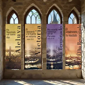 4 Pcs Religious Banners, Polyester Material Religious vertical hanging banners bible verses and passion theme patterns suitable for Easter church and home wall decor to create solemn religious worship atmosphere