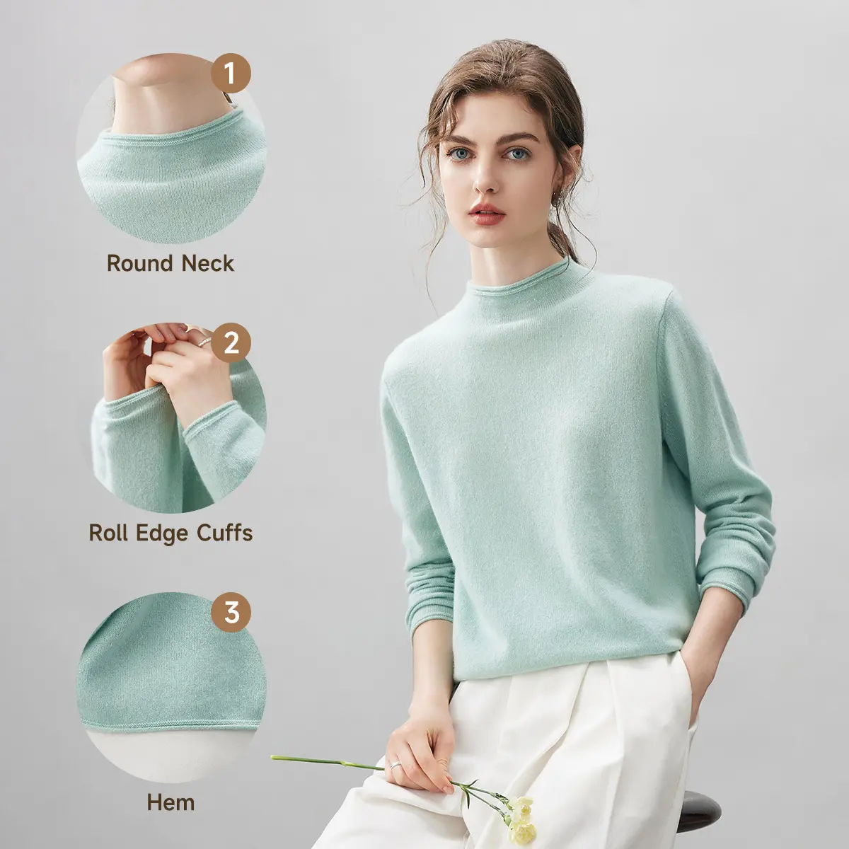 COMOBOCA Women's Chic 100% Cashmere Sweater - Minimalist Longsleeve Pullover, Lightweight Fitted Round Neck Top for Layering, Basic, Longsleeves, Tops, Knitwear, Crew Neck, Full Sleeves, Pure Cashmere, Breathable, Roll Edges
