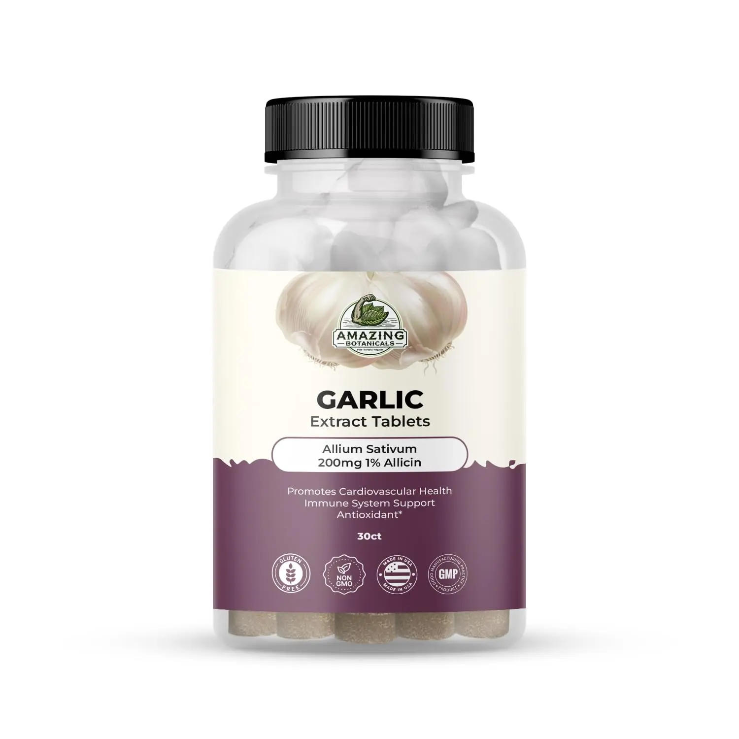 Amazing Botanicals Garlic Extract Dietary Tablets - Allium Sativum 200mg, 1% Allicin, High Potency Herbals, Naturally Derived, Quality Assured Supplement with Magnesium, 30 ct (30 Count (Pack Of 1)), Wellness Boost for Adults, Botanical Extracts, Concentr