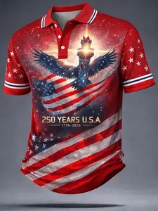 American Flag Pattern Men's Youth Golf Polo Shirt, 250th Anniversary Patriotic Short Sleeve, Collared, Ideal for Independence Day, Outdoor Activities, Casual Wear