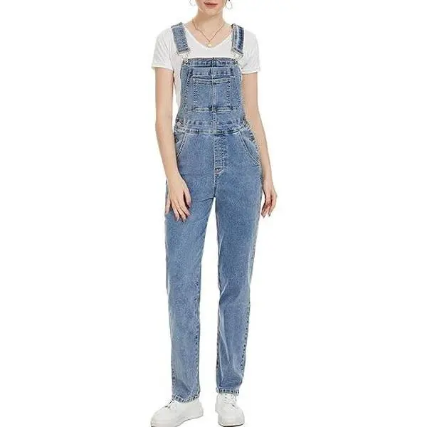 ODEFOU Women's Plaid Bib Overalls, Straight Leg Checkered Print Jumpsuit in Stretch Cotton Denim with Adjustable Straps and Pockets, Lightweight, Fabric, Square Neck
