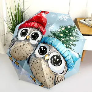 1 PC Automatic Folding Umbrella - Winter Owls with Christmas Tree Pattern, Portable & Foldable Design with 8 Ribs, Merry Christmas Pattern,Casual Outdoor Accessory Halloween and Christmas Birthday Gifts. B0070