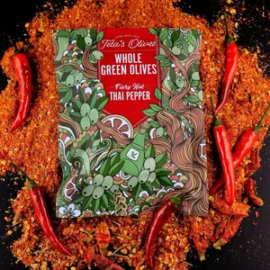 Teta's Whole Green Olive Snacks - Double-Marinated - Fiery Hot Thai Pepper - Vegan - Low Calorie & Carb - Healthy Office Snack - 1.6oz (24 Pack) Natural Salt