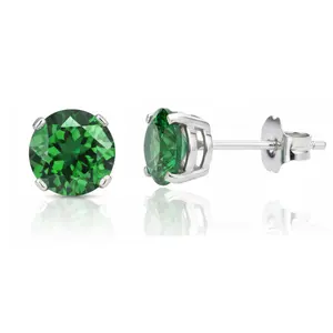 925 Sterling Silver Stud Earrings Emerald CZ Round Cut (5mm)