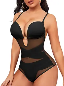 Women's Criss Cross Cut Out Sheer Shapewear Bodysuit, Adjustable Strap Contrast Mesh Bodysuit, High Stretch Shaper for Daily Wear Underwear