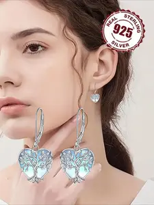 925 Sterling Silver Moonstone Teardrop Tree Of Life Design, Dangle Hoop Earrings, Vintage Style Jewelry for Women, Trendy All-match & Exquisite Jewelry for Birthday Gift