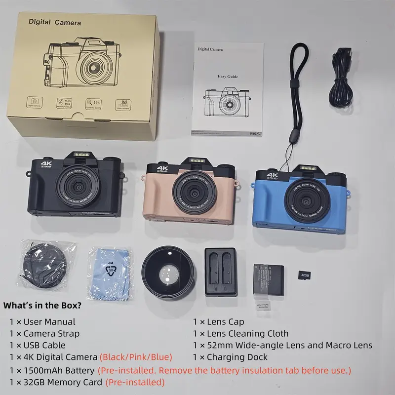 GLOBAL PICK 4K Digital Camera with 180° Flip Screen, 16X Digital Zoom Vlogging Camera, Autofocus Camera, Including Wide Angle & Macro Lens, 32GB TF Card, Ideal Gift Choice, Photographic Kit 3