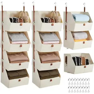 Hanging Closet Organizer 4 Tier, Non-Woven Fabric Storage Shelves with Collapsible Baskets, Space-Saving Hanging Organizer for Bedroom, Dorm, RV, Beige/Grey, 2 Pack