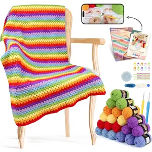 Crochet Blanket Kit for Beginners, Easy Crochet Kit for Adults & Kids with Step-by-Step Video Instructions, 43pcs Colorful Rainbow Stripe Learn to Knit Kits for Beginner
