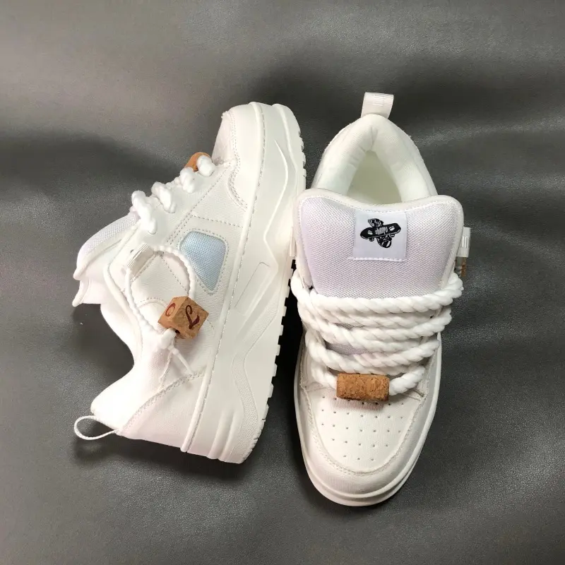 Men's American Minimalist White Low-Top Casual Trainers - Thick Platform Sole for Height, Non-Slip, Breathable, Large Sizes, Round Toe, Braid Detail, Everyday Streetwear Casual Footwear