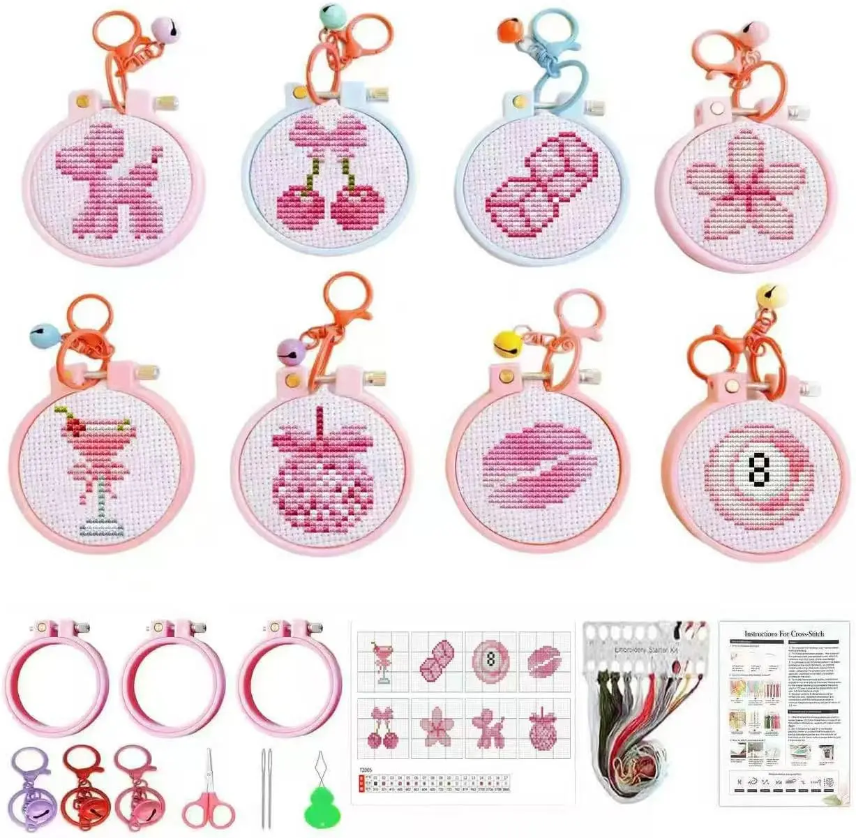 8 Pack Pink Disco Cross Stitch Kits for Beginners,Coquette Stamped Cross Stitch Kits for Aldult,Embroidery Kit for Beginners,11CT Cross Stitch Arts and Crafts for Kids Adults with Frame