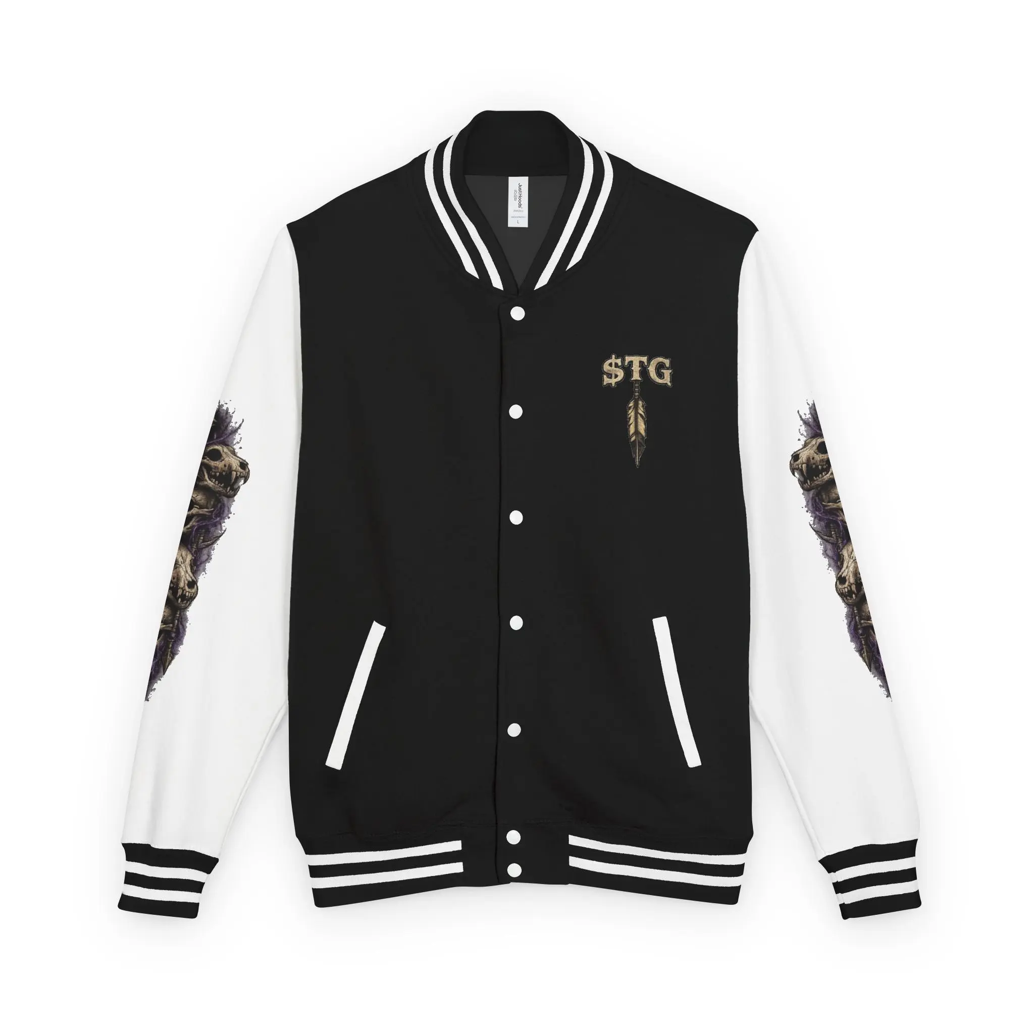 Men's Gothic Varsity Letterman Jacket - 330 g/m² Medium Heavy Garment-Dyed Cotton Blend, Long Sleeve, Snap Buttons, Purple Cross Graphic, Gothic Look Casual Menswear Top, 9.73 Oz/Yd², Varsity Stripes