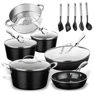 Gotham Steel Hammered 15 Pc Ceramic Pots and Pans Set Non stick, Ceramic Cookware Set with Utensils, Pots and Pans for Cooking, Non Toxic Pot and Pan Set, Kitchen Set, Oven/Dishwasher Safe, Black