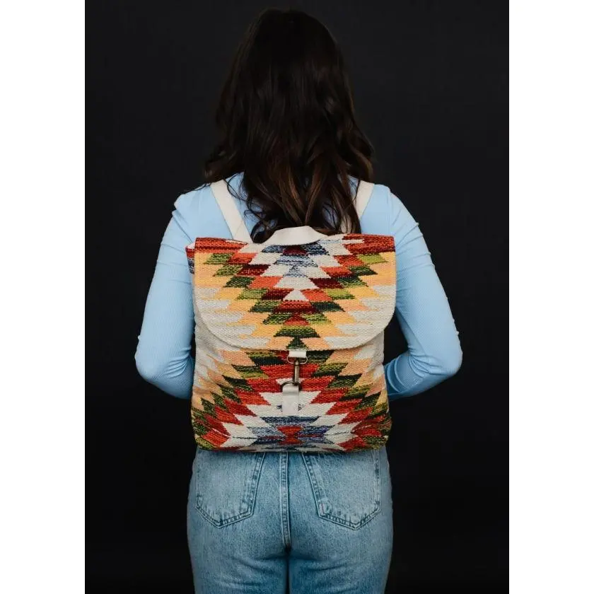 Unisex Rustic Mesa Woven Cotton Backpack, Aztec Print Design, Secure Clasp Closure, Travel-Friendly Functional Luggage Bag