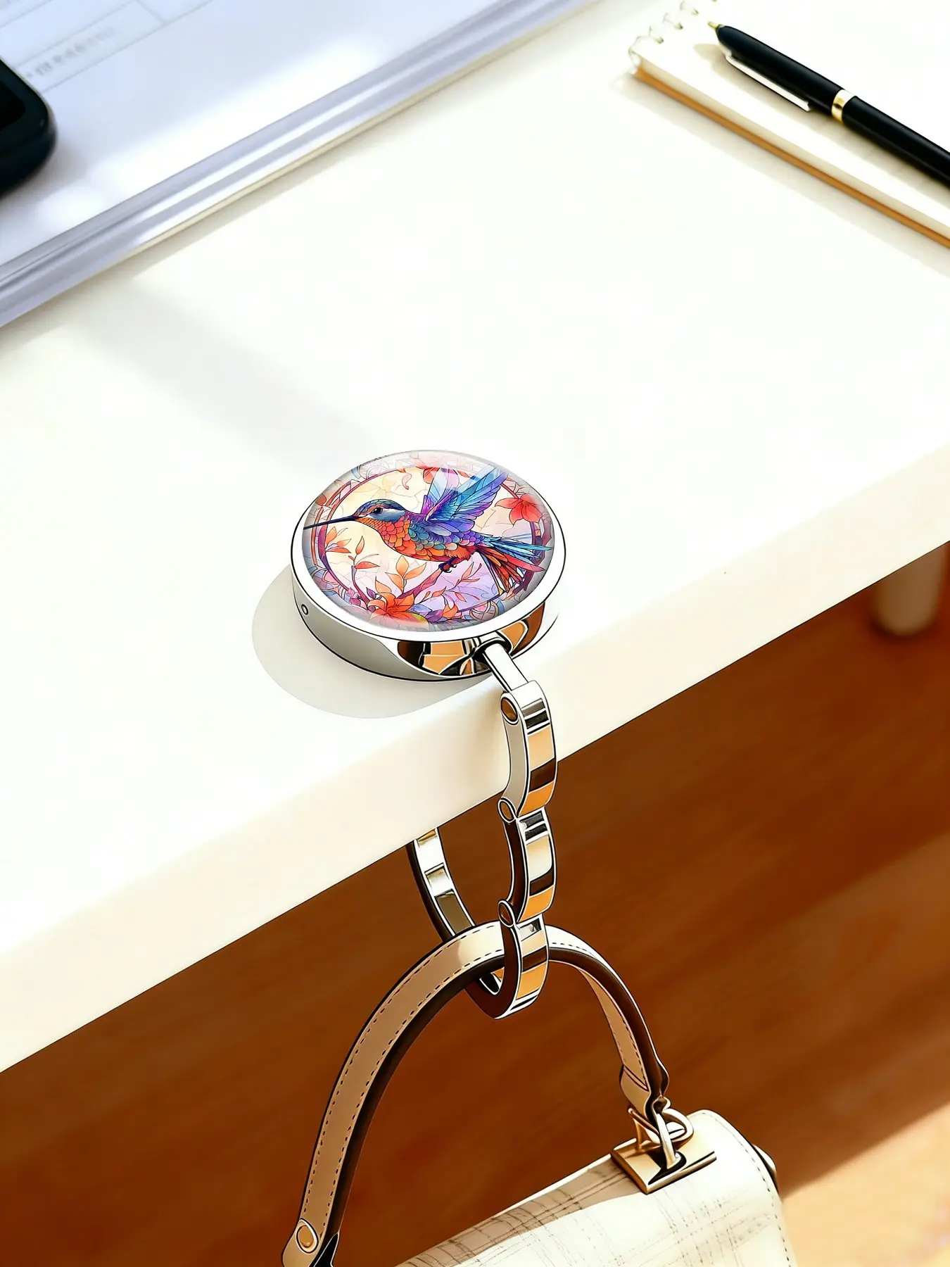Hummingbird & Flower Pattern Design Table Bag Hanger, 1 Count Compact Folding Handbag Holder, Portable Table Bag Holder, Home Organizer for Bag
