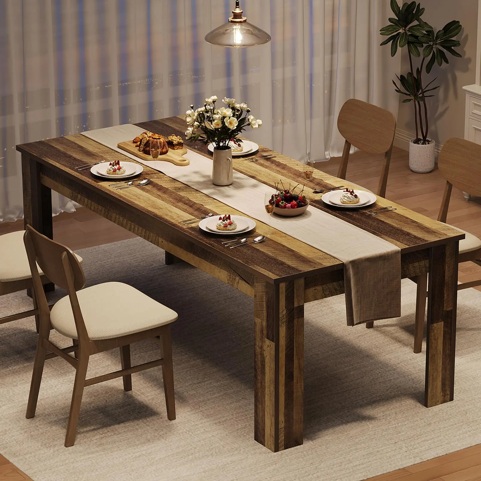 Rustic Brown 71" L x 31" D Engineered MDF Wood Dining Table - Traditional Thick Angle Sturdy Frame, Triangular Legs, Wood Strip Base, Floor-Safe Pads, Comfortable Seating, Seats 6-8, Quick DIY Setup, Assembly Required, for Kitchen, Living Area