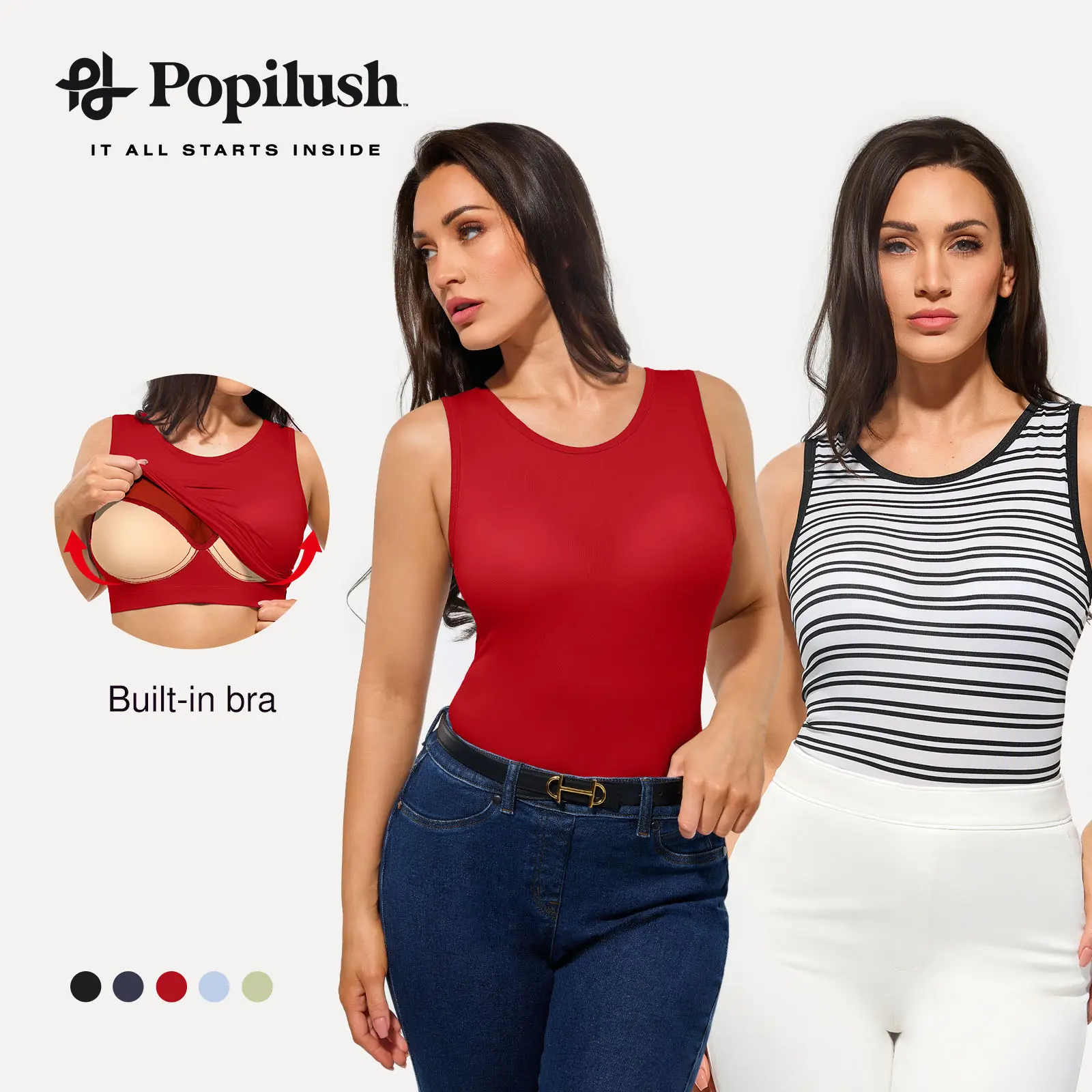 Popilush Women's Sleeveless Tank Top with Built in Bra, Burgundy Fitted Crew Neck Crop Top, Soft Stretchy Casual Workout Shirt for Summer