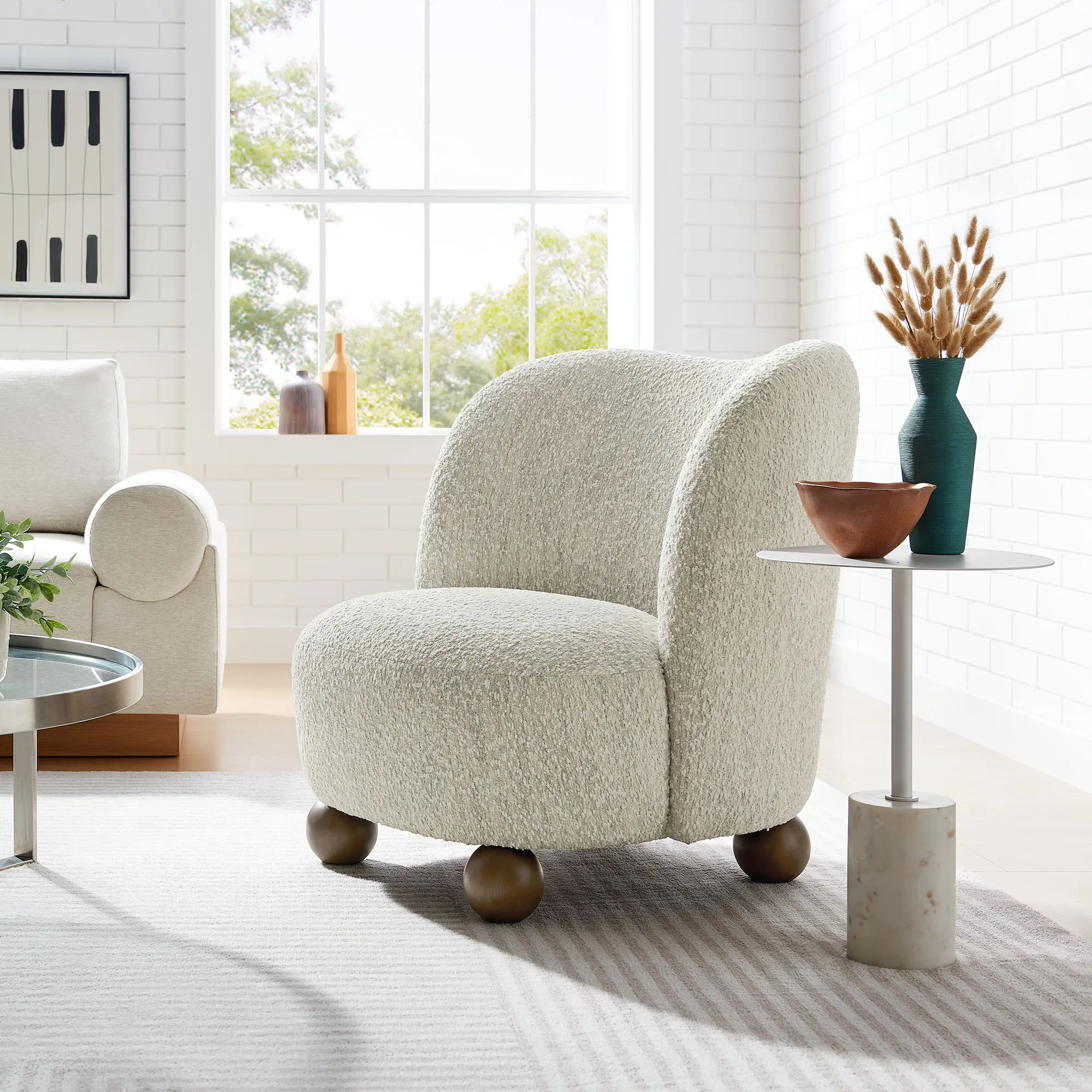 Monroe Boucle Fabric Accent Chair in Pearl Walnut
