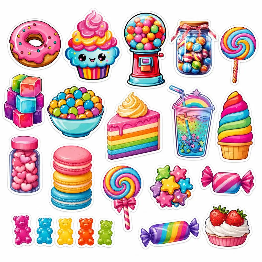 50Pcs Vibrant Cute Cartoon Candy Stickers - Waterproof Vinyl Sweet Treat Decals for Water Bottles, Journals, Luggage, DIY Crafts & Scrapbooking, Kawaii Collectibles for Kids