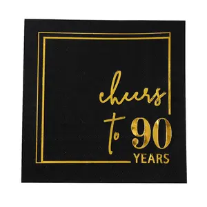 50PK Cheers to Years Cocktail Napkins 3-Ply 5x5 Inch Black Gold Disposable for 90th Birthday Anniversary