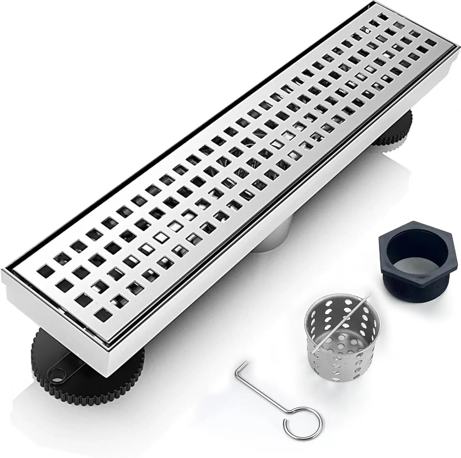 12 Inch Removable Cover Linear Shower Drain 304 Stainless Steel Rectangular Floor Drain for Kitchen Bathroom Square Hole  Drain with Accessories Hair Strainer Adjustable Leveling  ()